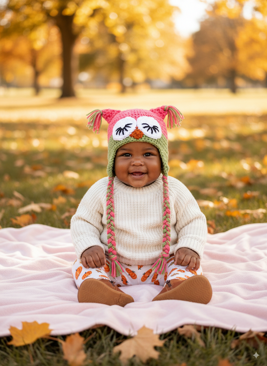 In-Stock 6-12 Month Sleepy Owl in Pink Grapefruit with Dusty Green