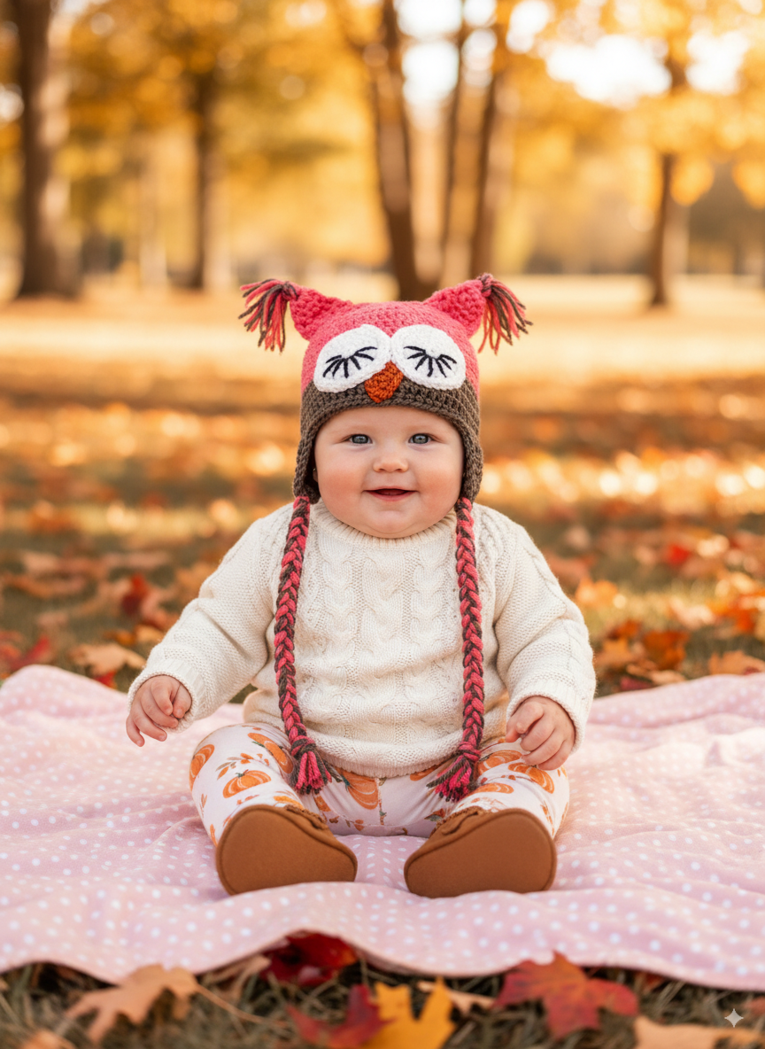 In-Stock 6-12 Month Sleepy Owl in Pink Grapefruit with Taupe