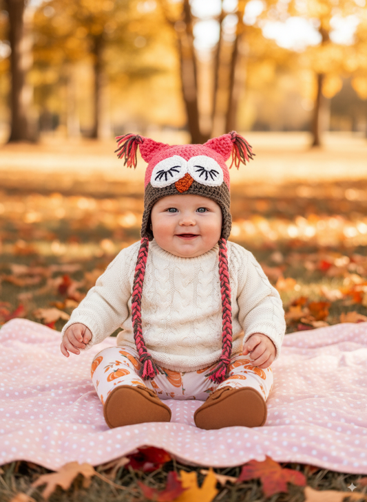 In-Stock 6-12 Month Sleepy Owl in Pink Grapefruit with Taupe