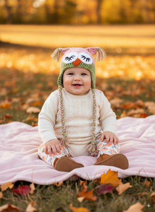 In-Stock 6-12 Month Sleepy Owl in Pink and Dusty Green