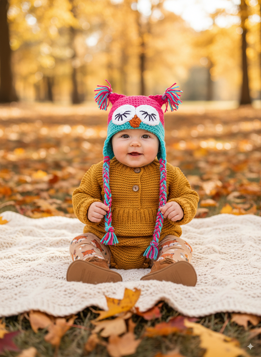 In-Stock 6-12 Month Sleepy Owl in Rose Shocking and Aqua Marine