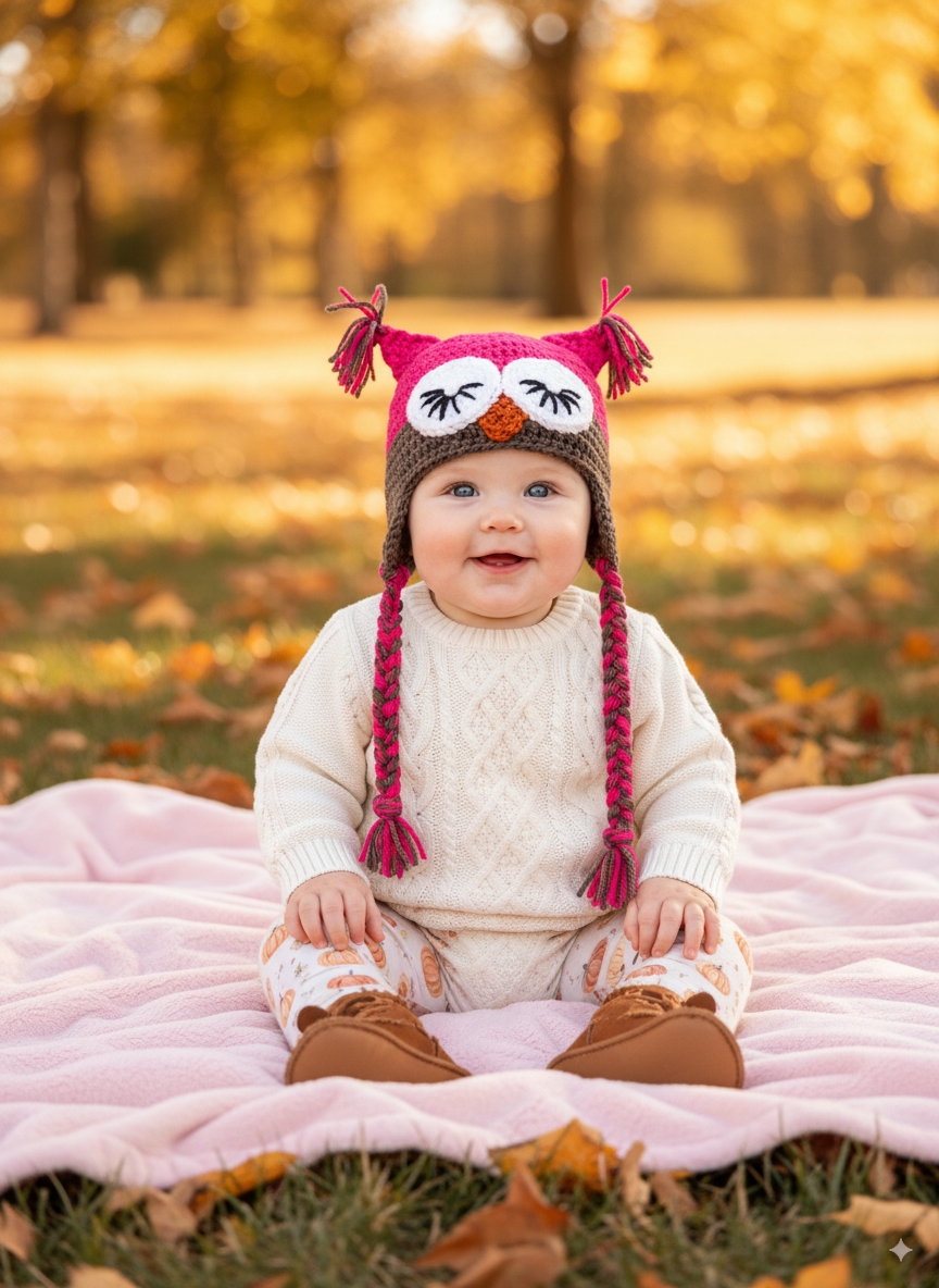 In-Stock 6-12 Month Sleepy Owl in Rose Shocking and Taupe