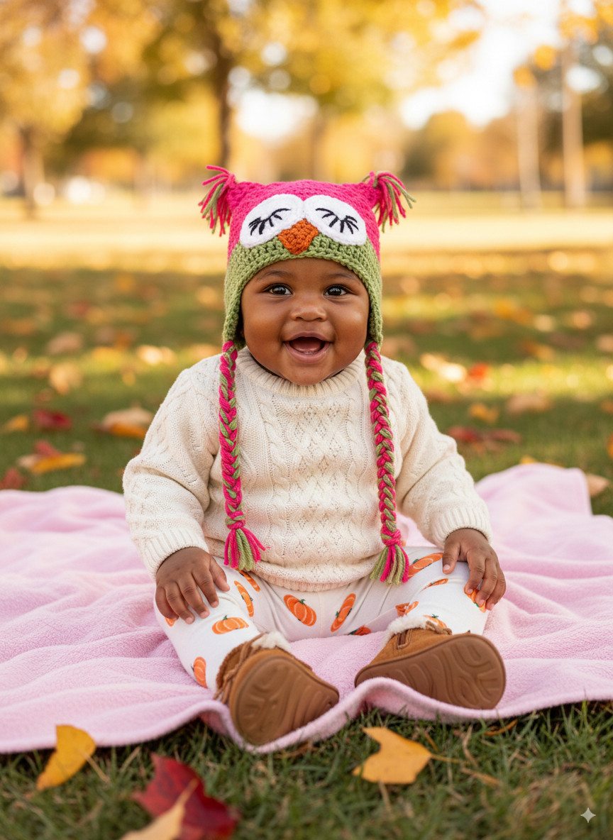 In-Stock 6-12 Month Sleepy Owl in Rose Shocking and Dusty Green