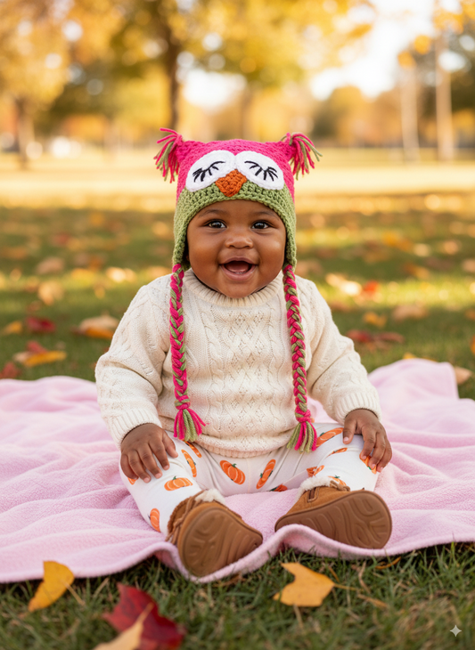 In-Stock 6-12 Month Sleepy Owl in Rose Shocking and Dusty Green