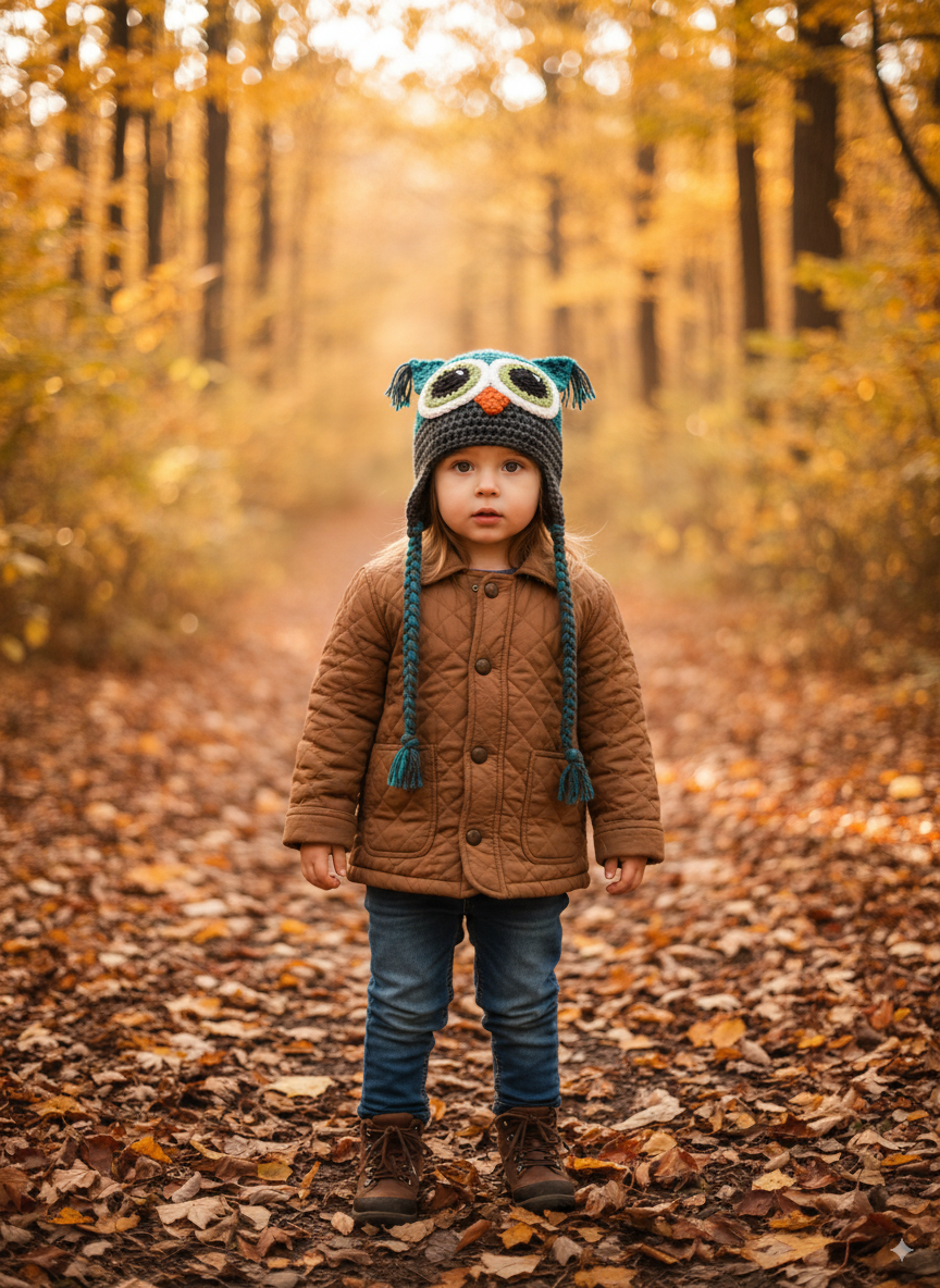 In-Stock 1-3 Year Owl in Peacock and Charcoal with Fern Eyes