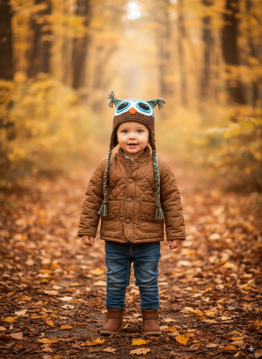 In-Stock 1-3 Year Owl in Sage with Chocolate and Aqua Eyes