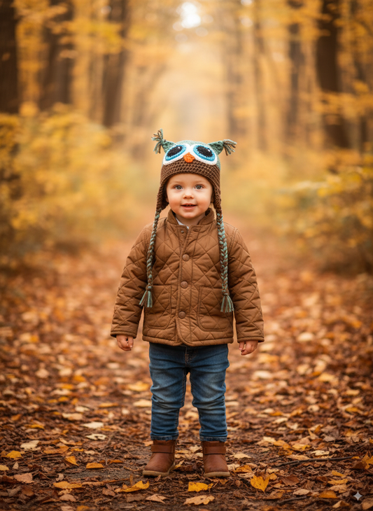 In-Stock 1-3 Year Owl in Sage with Chocolate and Aqua Eyes