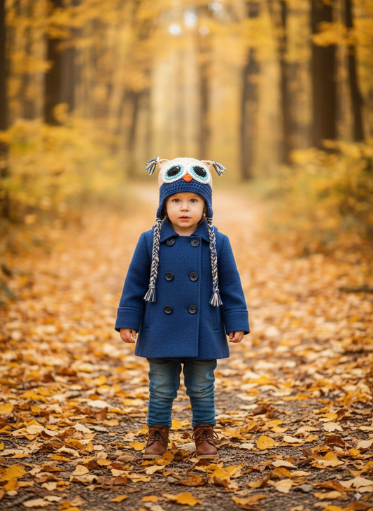 In-Stock 1-3 Year Owl in Beige with Colonial Blue and Aqua Marine Eyes
