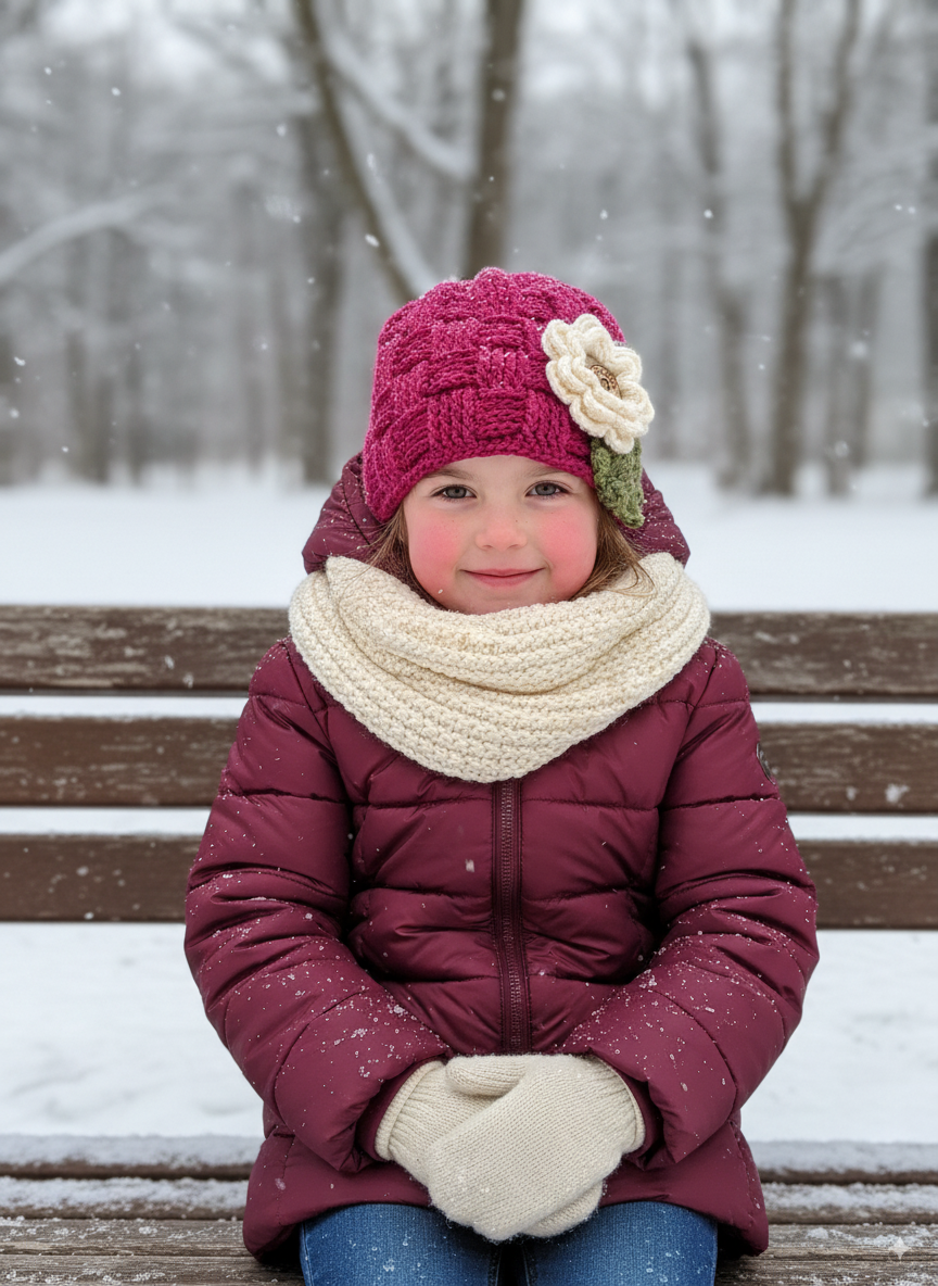 Raspberry Waffle Beanie with 3 Interchangeable Flowers