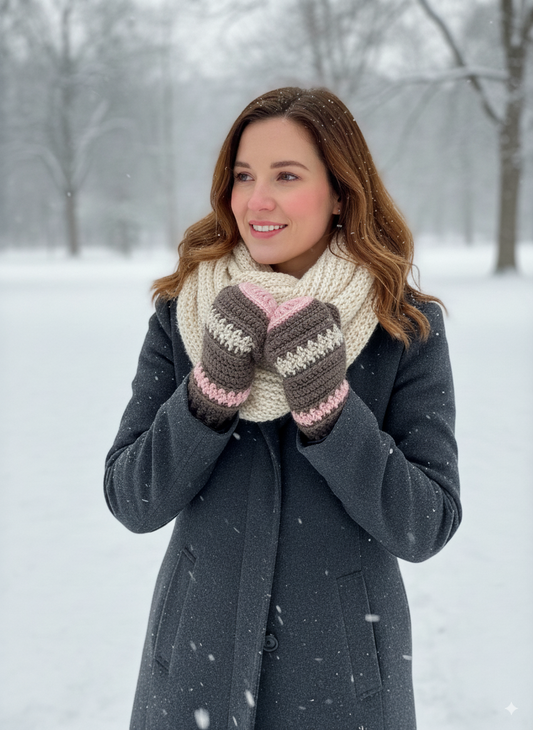 Handmade Crocheted Mittens in Taupe with Oatmeal & Pink Accents
