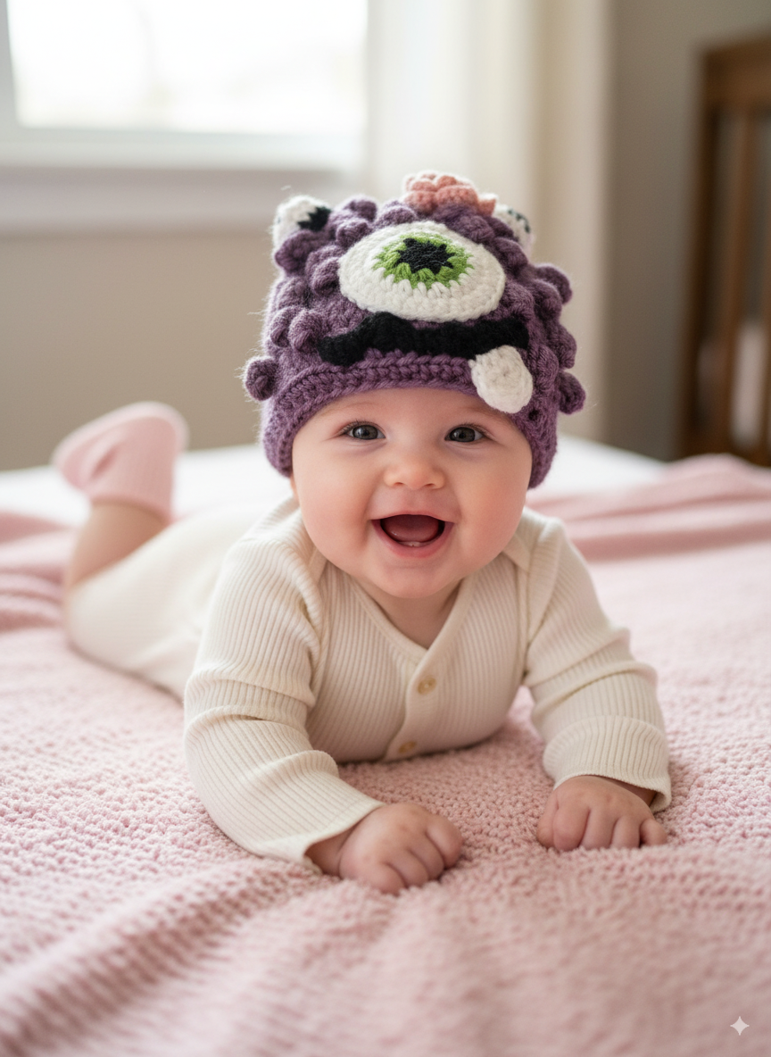 In-Stock 0-6 Month Little Monster in Dusty Purple with Fern Eye and Pink Flower.
