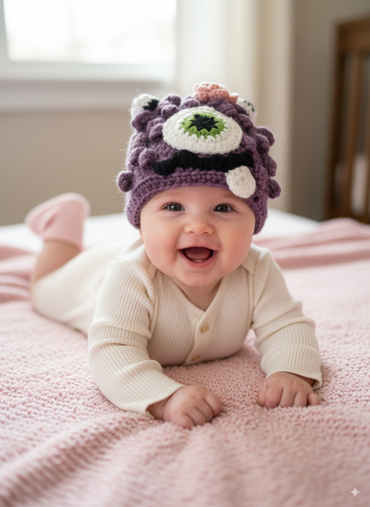 In-Stock 0-6 Month Little Monster in Dusty Purple with Fern Eye and Pink Flower.