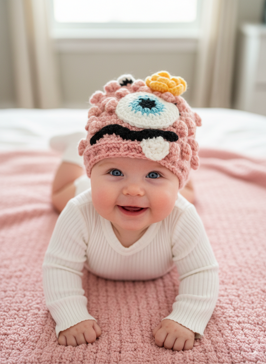 In-Stock 0-6 Month Little Monster in Pink with Baby Aqua Eye and Duckie Yellow Flower