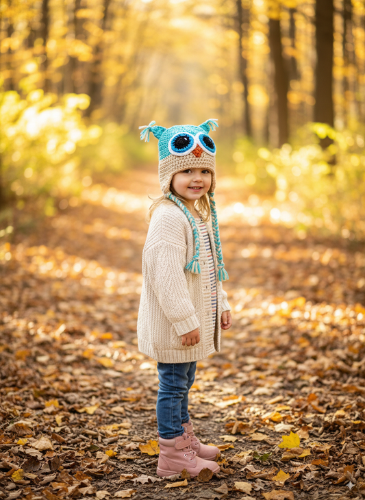 In-Stock 3-10 Year Owl in Aqua Marine with Beige and Aqua Eyes