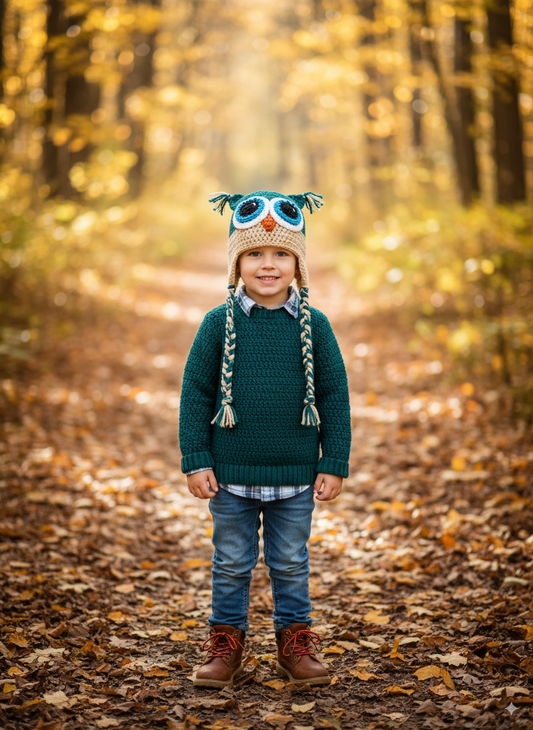 In-Stock 3-10 Year Owl in Peacock with Beige and Aqua Eyes