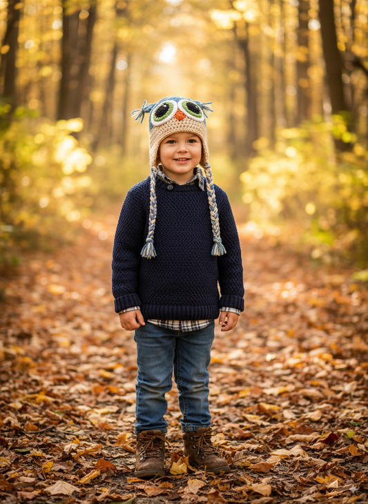 In-Stock 3-10 Year Owl in Dusty Blue with Beige and Fern Eyes