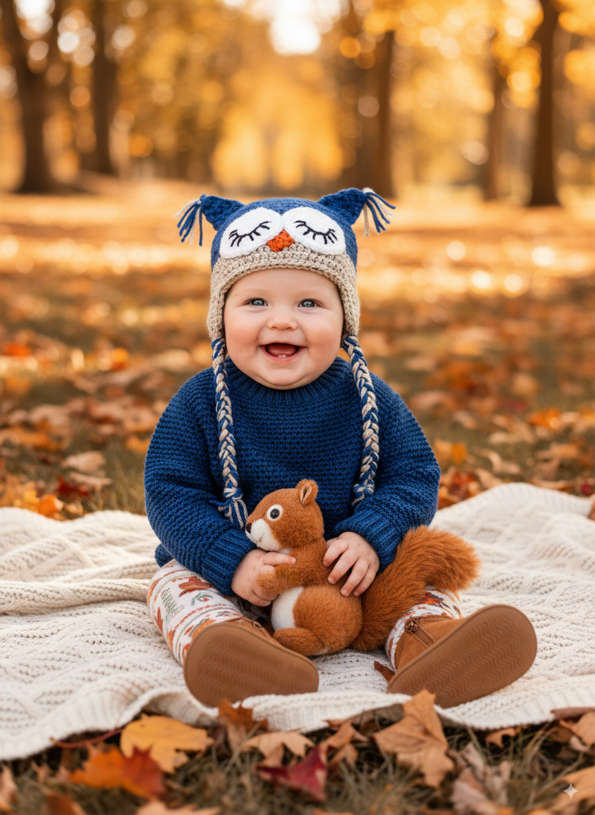 In-Stock 6-12 Month Sleepy Owl in Colonial Blue with Oatmeal