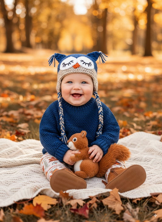 In-Stock 6-12 Month Sleepy Owl in Colonial Blue with Oatmeal