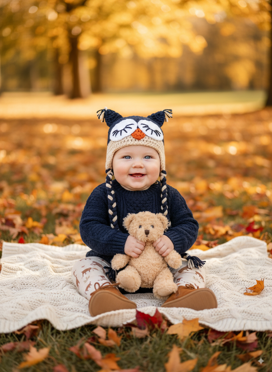 In-Stock 6-12 Month Sleepy Owl in Navy & Beige