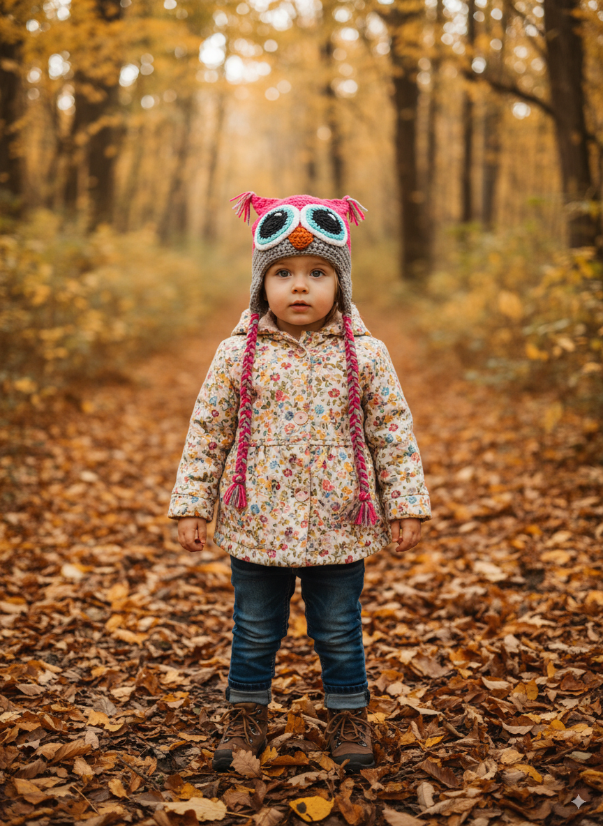 In-Stock 1-3 Year Owl in Rose Shocking and Grey Marble with Aqua Marine Eyes