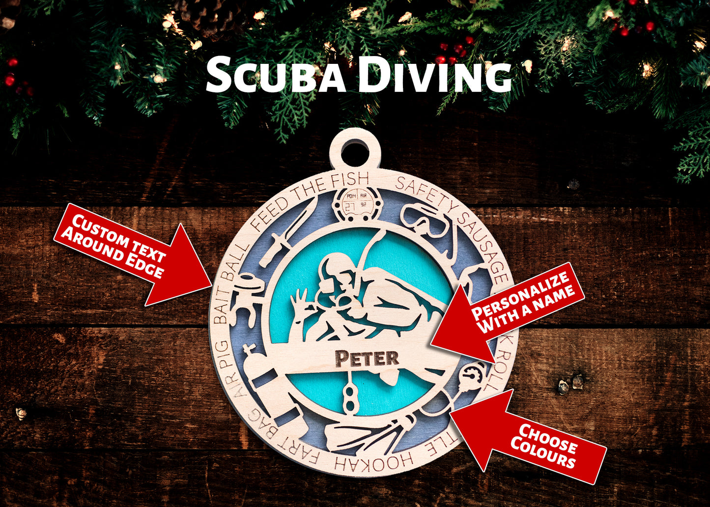 Sports Ornament - Scuba Diving - Personalized with Club, Colours, Name