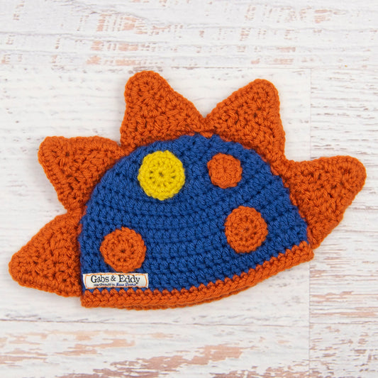In-Stock 0-6 Month Dinosaur Hat in Colonial Blue with Orange Spikes & Spots