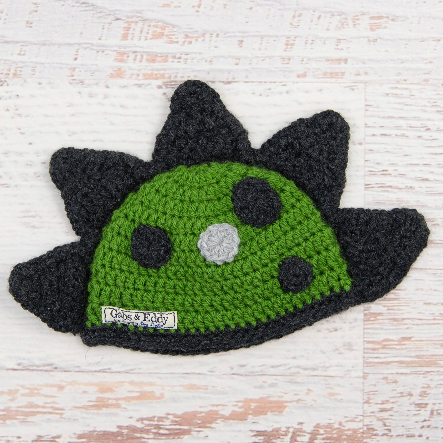 In-Stock 0-6 Month Dinosaur Hat in Kelly Green with Dark Grey Heather Spikes & Spots