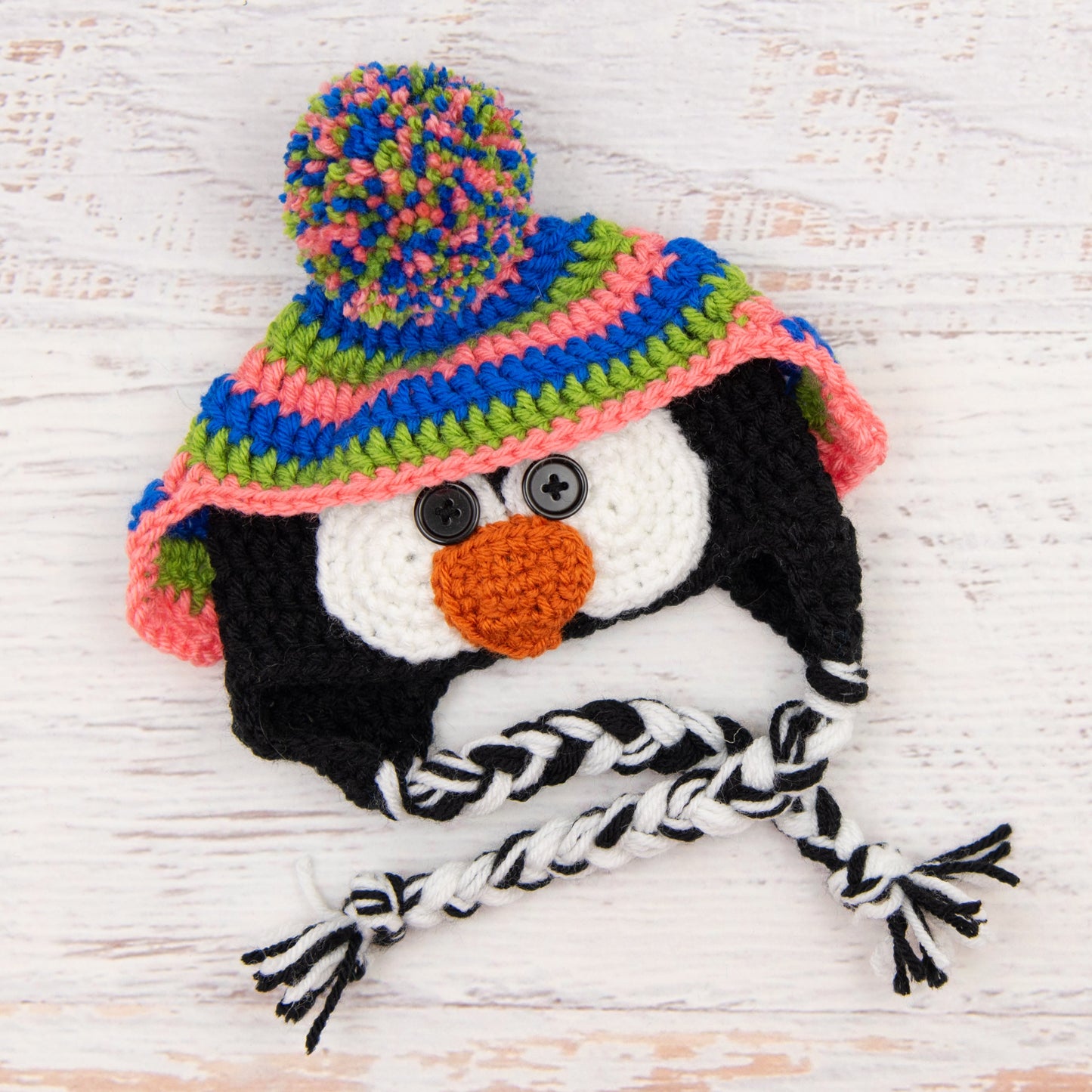 In-Stock 0-6 Month Penguin Hat in Electric Blue, Fern and Pink Grapefruit