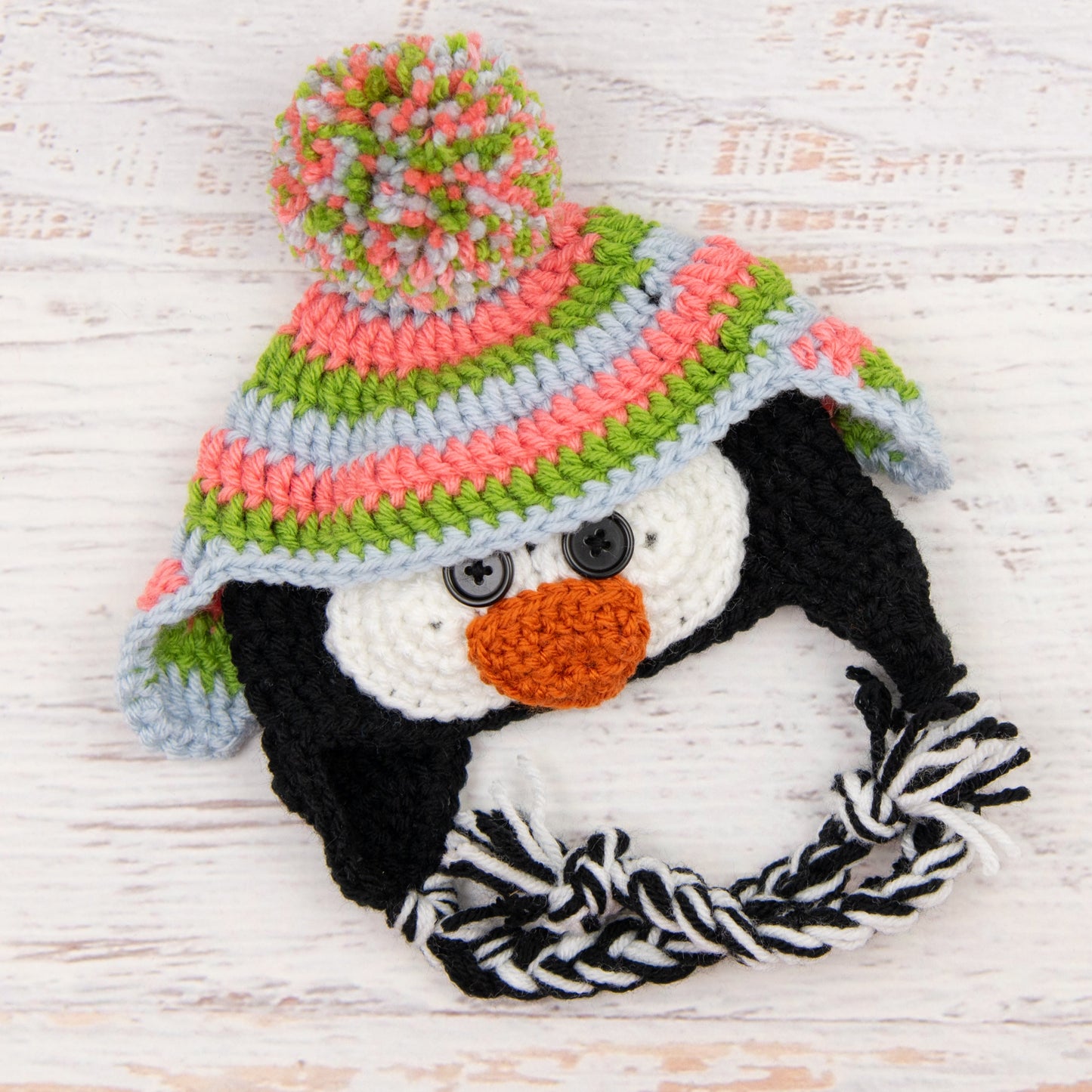 In-Stock 0-6 Month Penguin Hat in Fern, Pink Grapefruit and Silver Blue