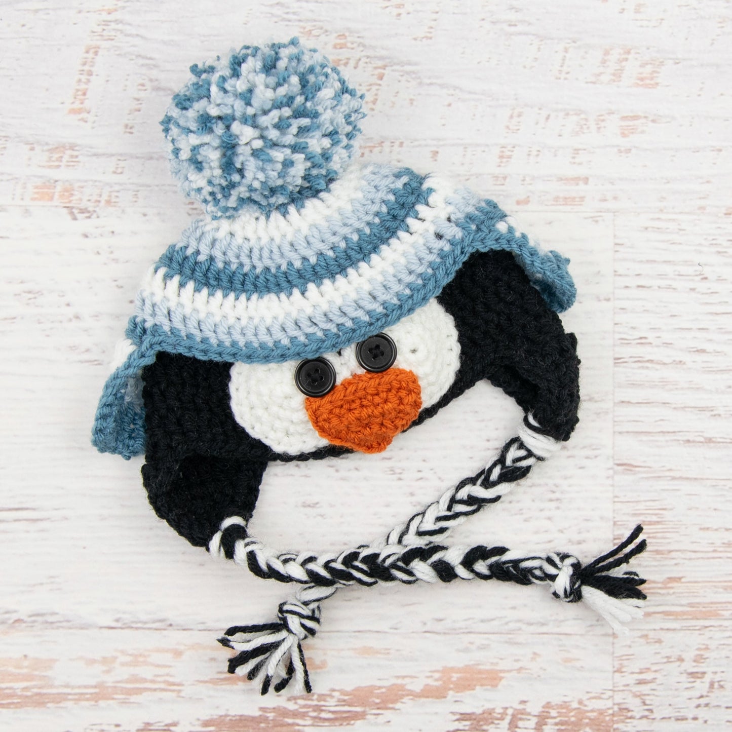 In-Stock 0-6 Month Penguin Hat in White, Silver Blue & Dusty Blue