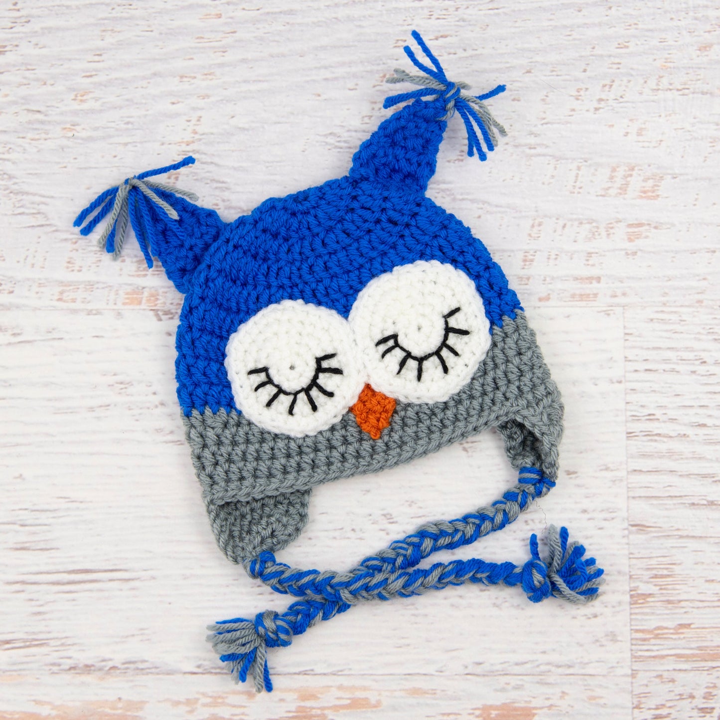 In-Stock 0-6 Month Sleepy Owl in Electric Blue with Silver Grey