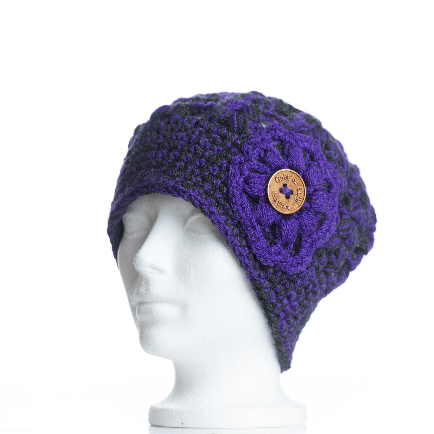 Tortoise Shell Beanie in Electric Purple and Dark Grey Heather with Electric Purple Flower