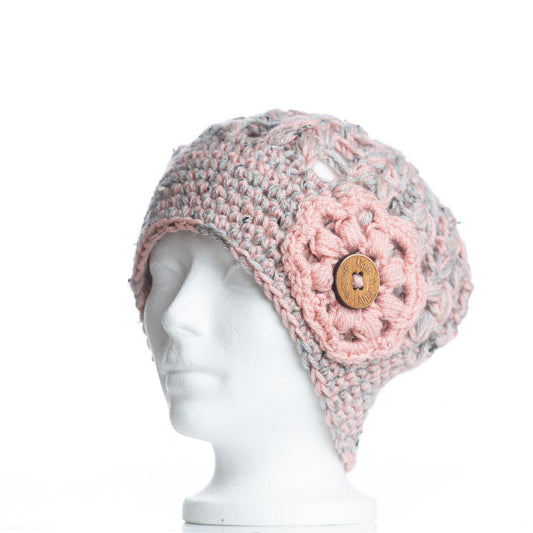In-Stock Tortoise Shell Beanie in Grey Marble & Pink with Pink Flower