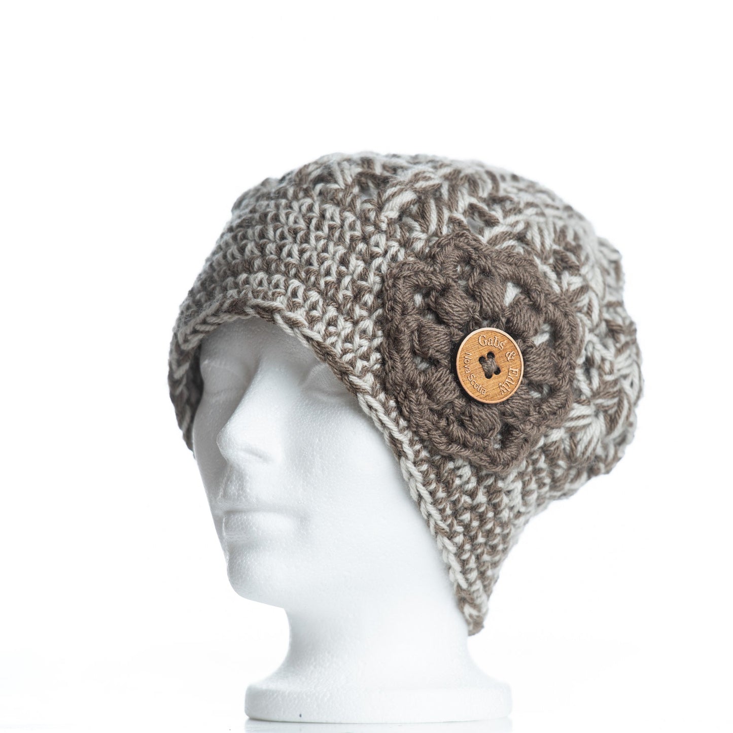 Tortoise Shell Beanie in Linen & Taupe with Taupe Flower