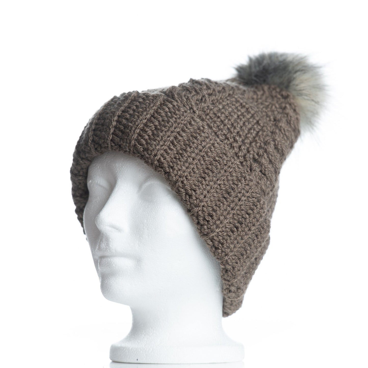 Rustic Cable Toque in Taupe with Smoke Pom