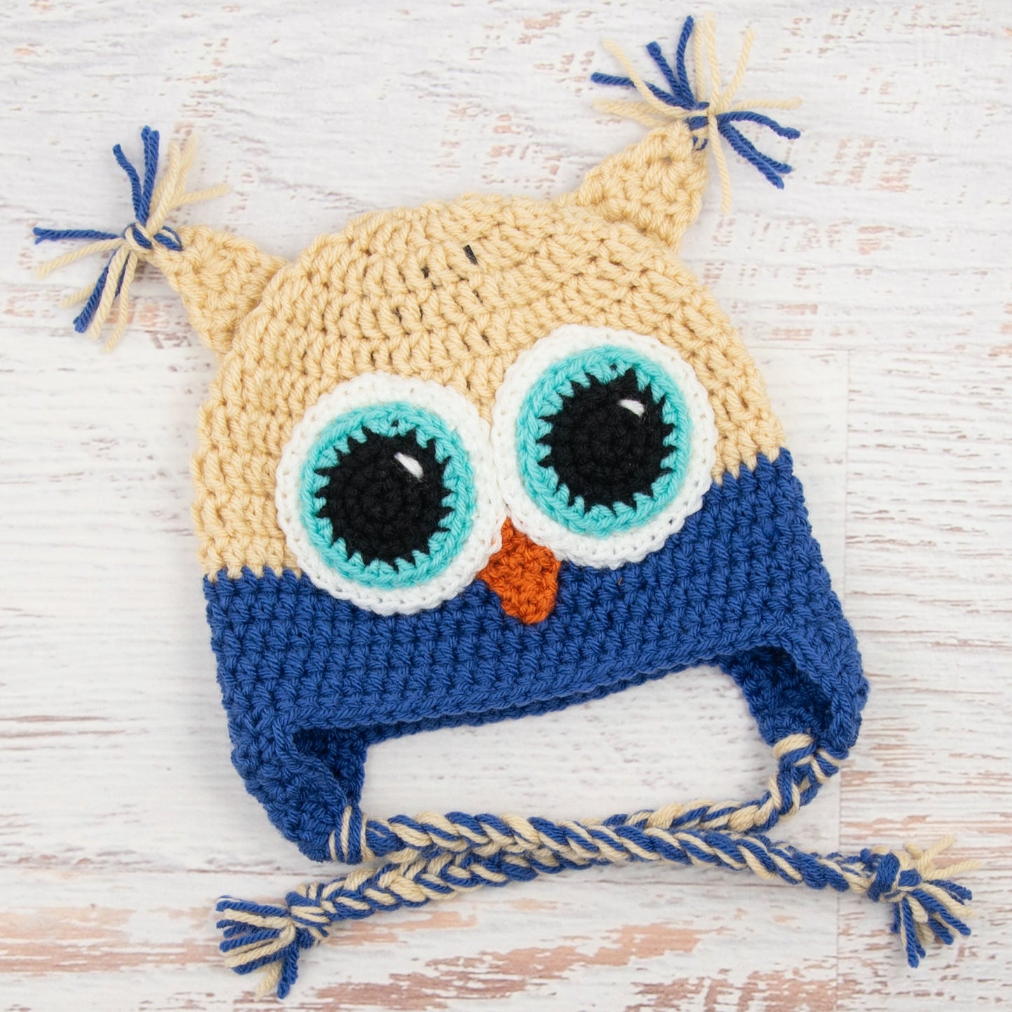 In-Stock 1-3 Year Owl in Beige with Colonial Blue and Aqua Marine Eyes