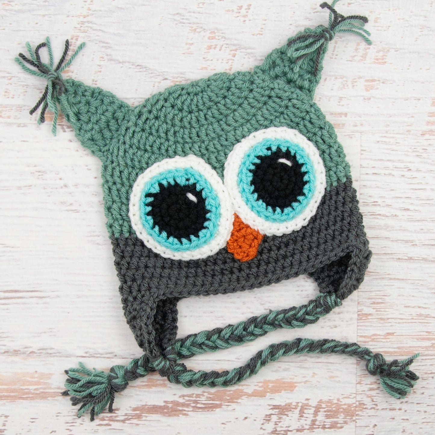 In-Stock 1-3 Year Owl in Sage with Charcoal and Aqua Marine Eyes