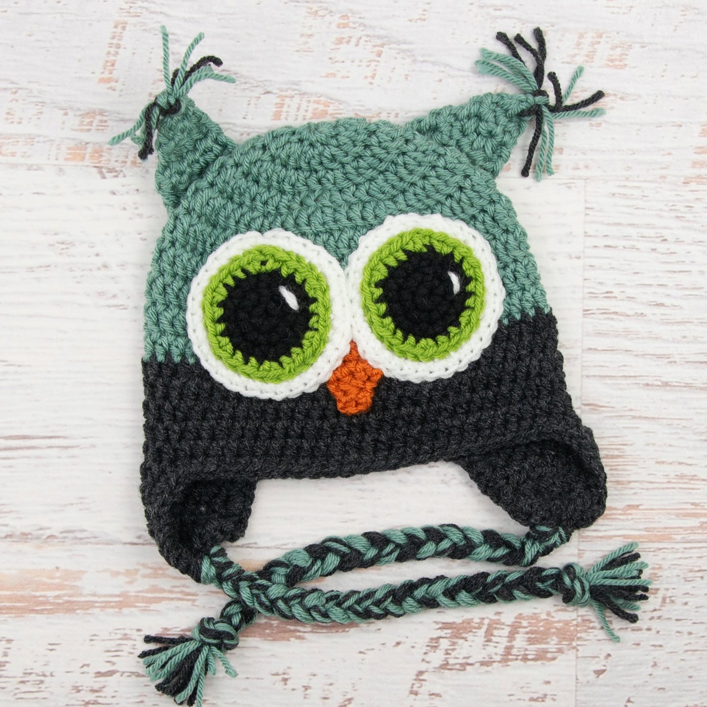 In-Stock 1-3 Year Owl in Sage with Dark Grey Heather and Fern Eyes