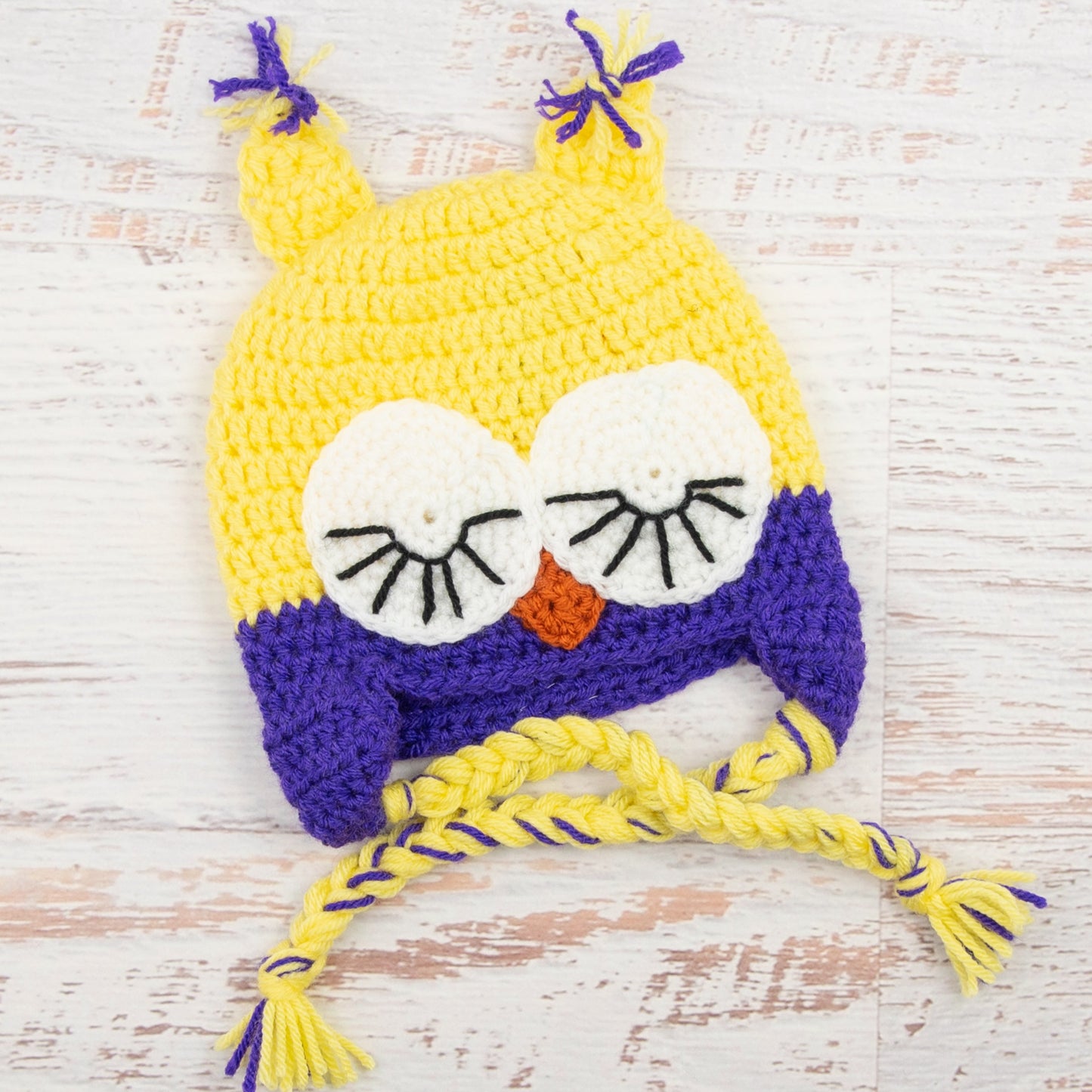 In-Stock 1-3 Year Sleepy Owl in Lemon Yellow with Electric Purple
