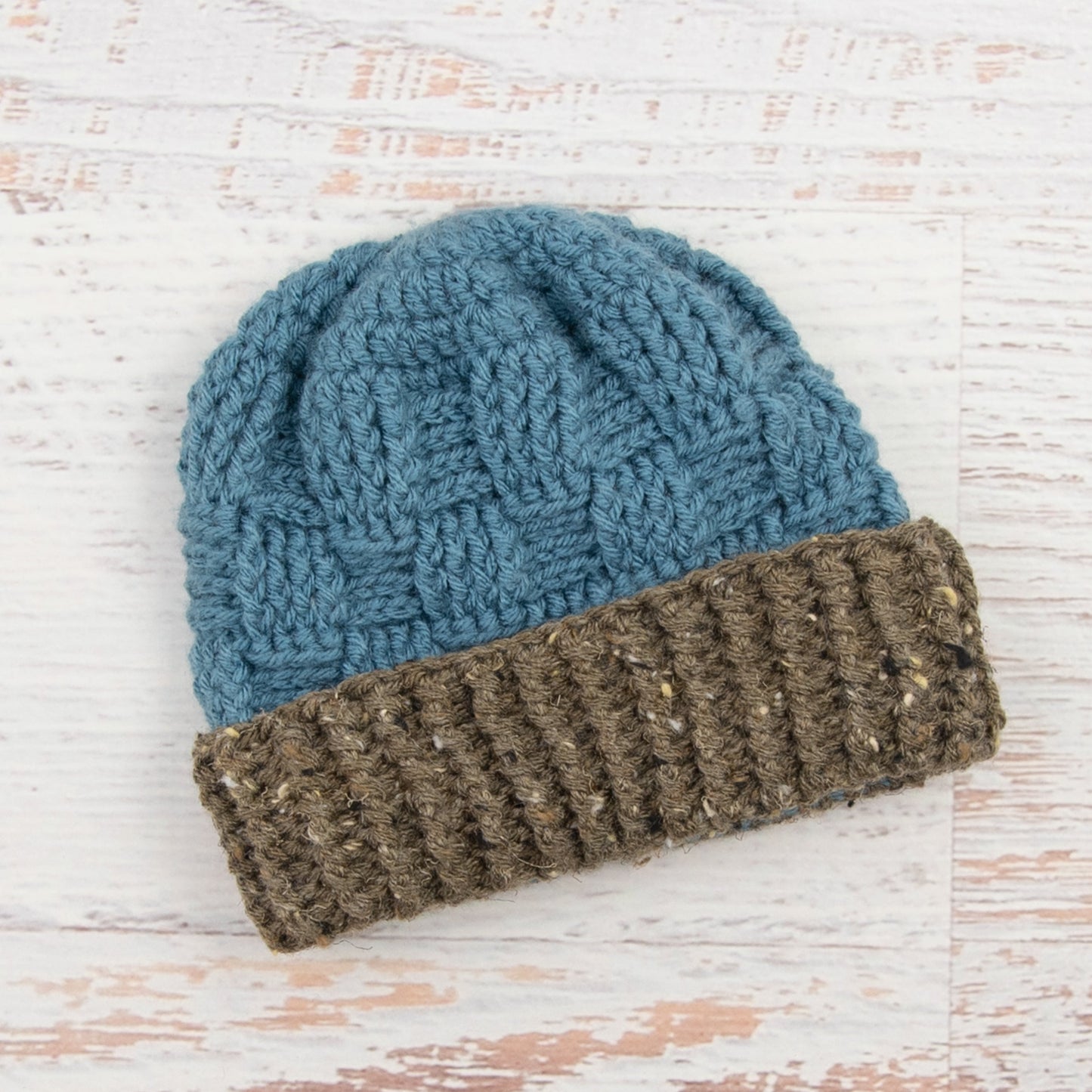 In-Stock 1-3 Year Ribbed Waffle Beanie in Dusty Blue with Barley