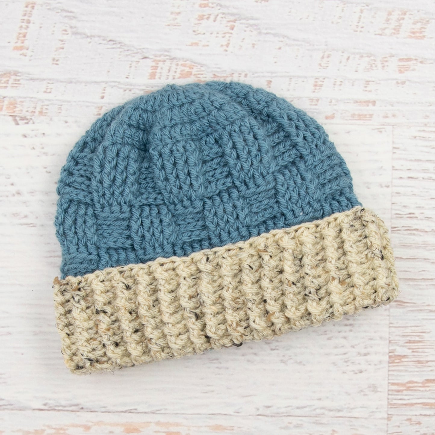 In-Stock 1-3 Year Ribbed Waffle Beanie in Dusty Blue with Oatmeal