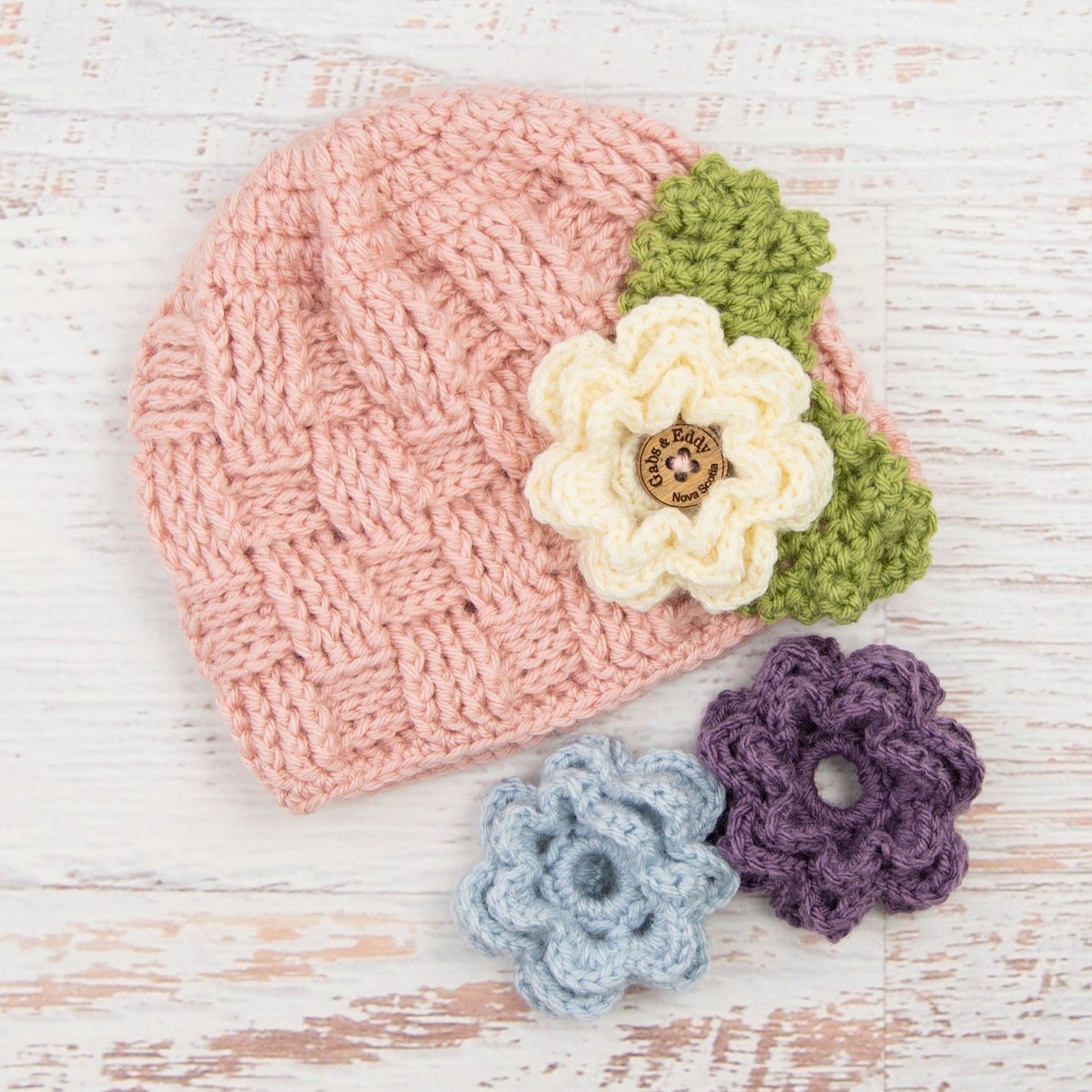 In-Stock 1-3 Year Waffle Beanie in Pink with 3 Interchangeable Flowers