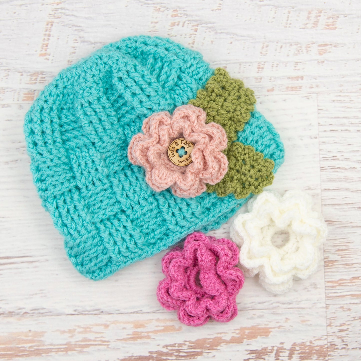 In-Stock 1-3 Year Waffle Beanie in Aqua Marine with 3 Interchangeable Flowers