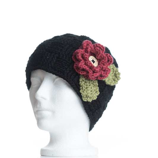 Black Waffle Beanie with 3 Interchangeable Flowers