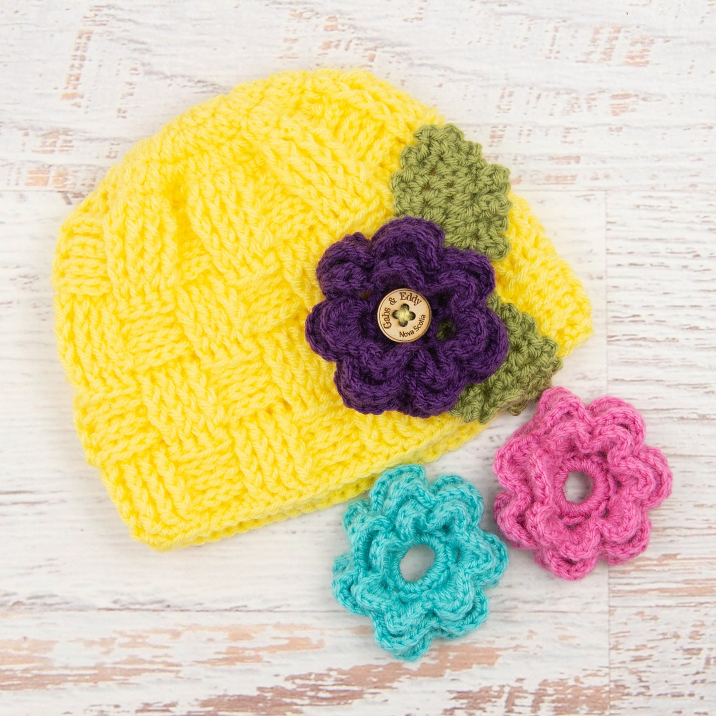 In-Stock 5-10 Year Waffle Beanie in Lemon Yellow with 3 Interchangeable Flowers