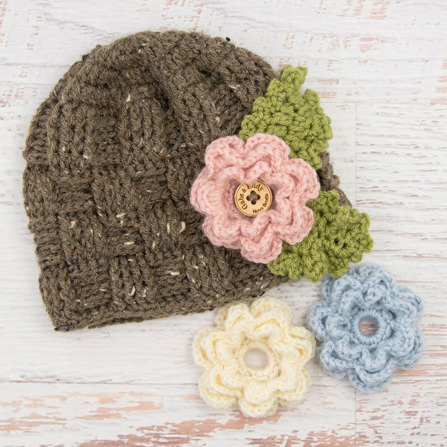 In-Stock 3-10 Year Waffle Beanie in Barley with 3 Interchangeable Flowers