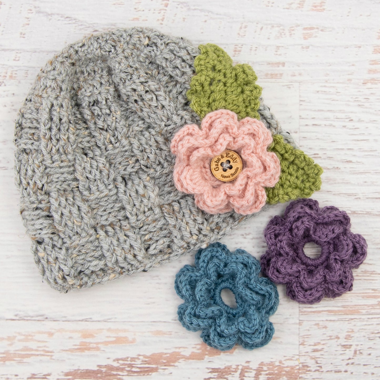 In-Stock 3-10 Year Waffle Beanie in Grey Marble with 3 Interchangeable Flowers