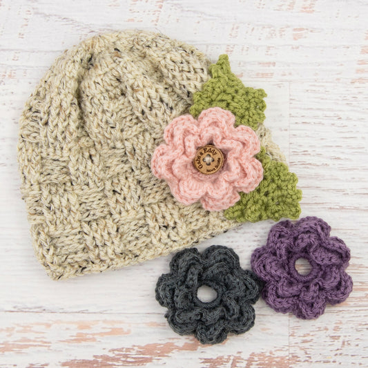 In-Stock 3-10 Year Waffle Beanie in Oatmeal with 3 Interchangeable Flowers