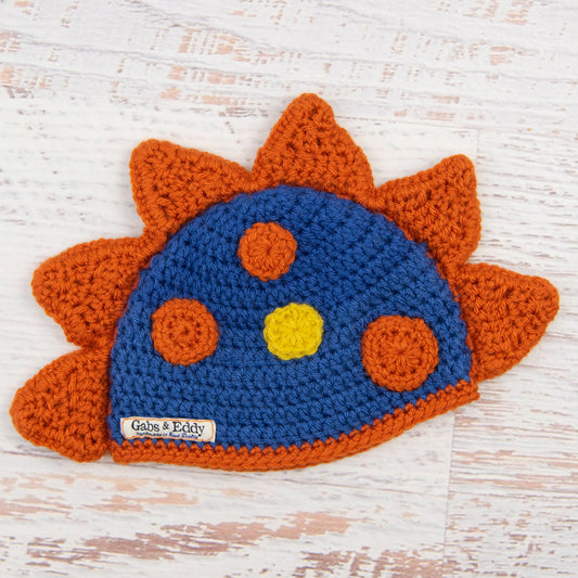 In-Stock 6-12 Month Dinosaur Hat in Colonial Blue with Orange Spikes & Spots