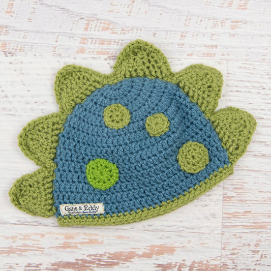 In-Stock 6-12 Month Dinosaur Hat in Dusty Blue with Dusty Green Spikes & Spots